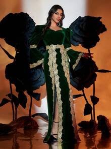 绿色天鹅绒长喇叭袖连衣裙，配金色蕾丝边和开衩，修身长裙 - 綠色 - 查看 4