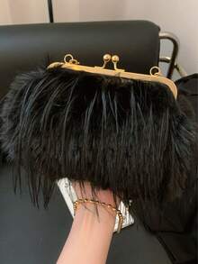 Höst/vinter plysch kuvertväska, moderiktig kedja axel-/crossbody-/handväska för kvällsfest - Svart - Visa 2