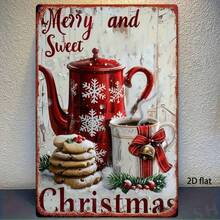 2D flach, 1 Stück Vintage Weihnachts-Themen Metallwanddeko - 20,32x30,48cm Eisendekoration mit roter Schneeflocke Teekanne, Keksen & Tasse, "Fröhlich und süß" Design, ideal für Wohnzimmer oder Büro, Weihnachtsgeschenkidee, Weihnachtsdekoration, 2D flach
