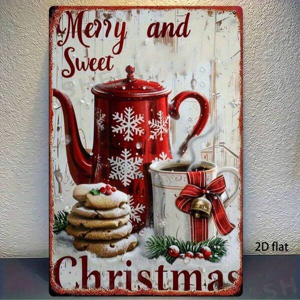 2D flach, 1 Stück Vintage Weihnachts-Themen Metallwanddeko - 20,32x30,48cm Eisendekoration mit roter Schneeflocke Teekanne, Keksen & Tasse, "Fröhlich und süß" Design, ideal für Wohnzimmer oder Büro, Weihnachtsgeschenkidee, Weihnachtsdekoration, 2D flach