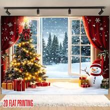 1 pieza de Fondo plano 2D de Navidad. Diseño de fondo con árbol de Navidad, muñeco de nieve y ventana de piso a techo. Tela de poliéster duradera, adecuada para decoración de pared interior, fondo de fotografía, decoración navideña exterior, estudio fotográfico, decoración de fiesta interior