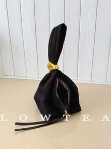 low tea 1pc Solid Color Suede Fabric Handbag For Women, Personalized Mini Cloud Pleated Bag With Metal Decor Zipper Closure, Suitable For Daily And Outing Use - Black - View 8