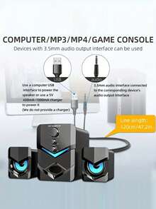 High-Quality 2.1 Stereo Desktop Speaker With LED Ambient Lighting - USB Powered, 3.5mm Audio Jack, Wired Connection For PC, Laptop, Tablet, Gaming Console & MP3/MP4 Devices, Modern Design With Blue Accents, Portable Speaker