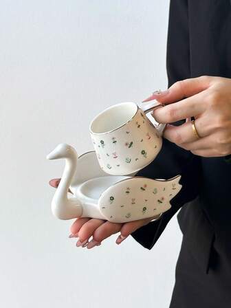 1 pieza Taza y platillo de café con cisne chapado en oro, de cerámica creativa, apto para el hogar, cocina, comedor, sala de estar, exterior, boda, fiesta, regalo, cumpleaños, Navidad, recuerdo