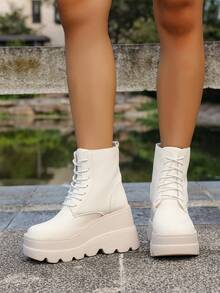 Giày bốt cao đến đầu gối buộc dây đế dày cổ điển dành cho nữ, thiết kế bằng da, giày bốt đi xe máy thường ngày, công sở, đi làm, mũi tròn, thu/đông - trắng - Xem 6