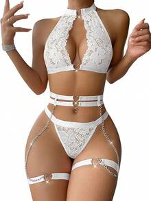 Halter Heart Ring Cutout Chain Floral Lace Sheer Garter Belt Lingerie Set 3 Piece - 白色 - 查看 1