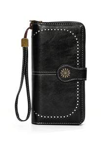 Ví da PU mới dành cho nữ, Ví dài thường ngày có sức chứa lớn, Ví đựng tiền xu, Ngăn đựng thẻ, Dây đeo cổ tay, Túi cầm tay, Thích hợp sử dụng hàng ngày, Quà tặng sinh nhật, Quà tặng trở lại trường, Quà tặng cho nữ - màu đen - Xem 3