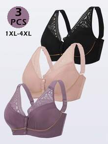 3-Piece Plus Size Soft And Comfortable Wireless Bra, Seamless And Breathable Front Buckle Design, Women's Comfortable Lingerie Set, Easy And Fashionable Lingerie - 彩色 - 查看 1