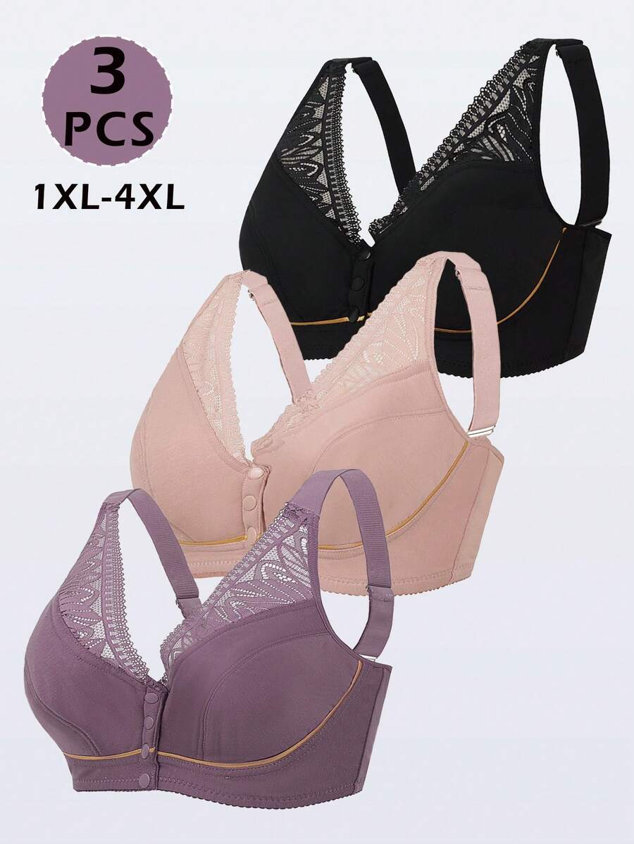 3-Piece Plus Size Soft And Comfortable Wireless Bra, Seamless And Breathable Front Buckle Design, Women's Comfortable Lingerie Set, Easy And Fashionable Lingerie - 彩色 - 查看 1