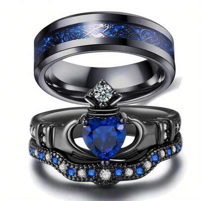Fashion Alloy With Synthetic Blue Zirconia, Celtic Dragon Design, Men'S & Women'S Wedding Party Couple'S Ring Set Jewelry Romantic Crown & Heart-Shaped Band