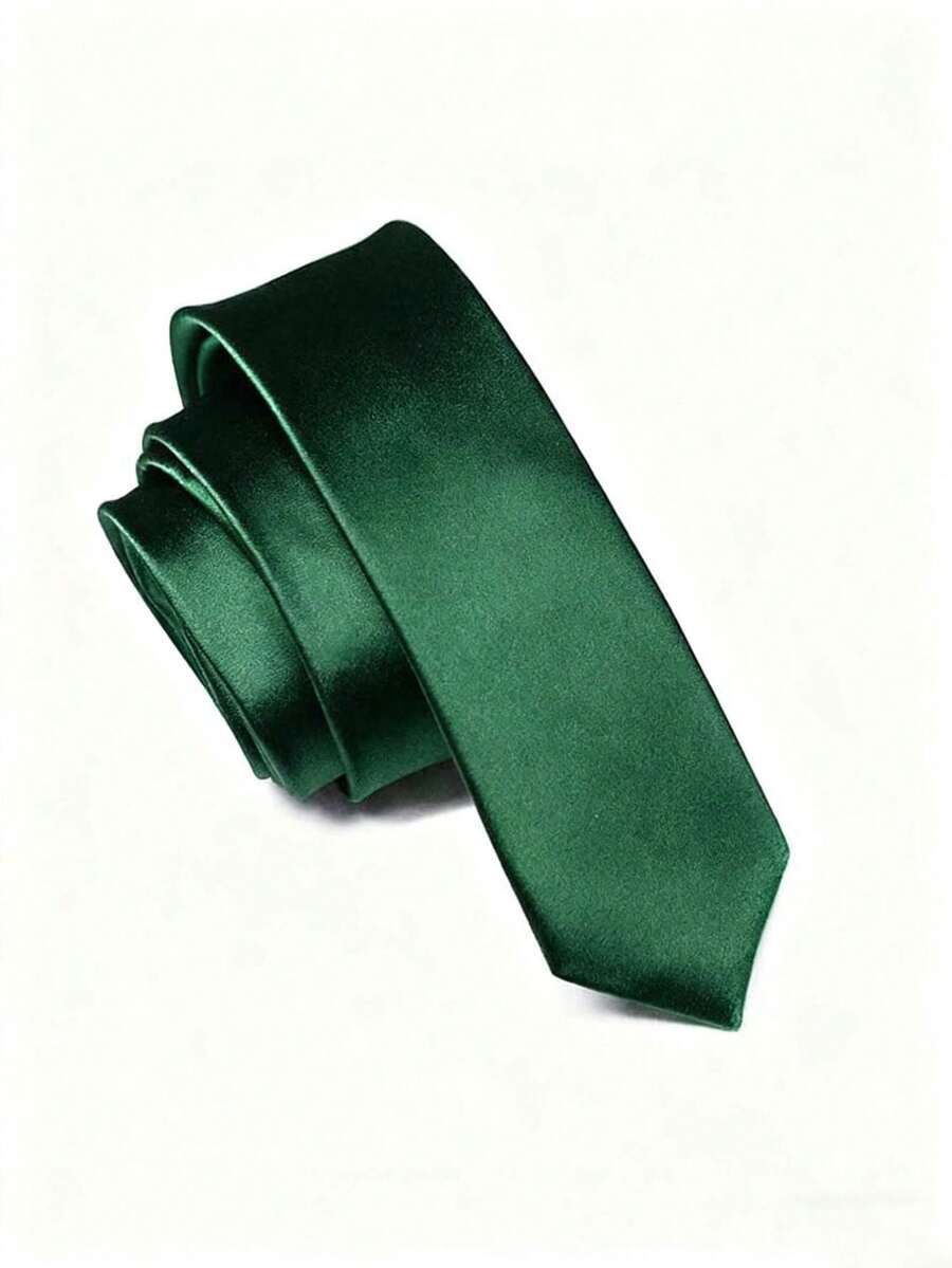1pc Narrow 5cm Solid Color Necktie, Faux Silk Tie Accessory For Men - Dark Green - View 1