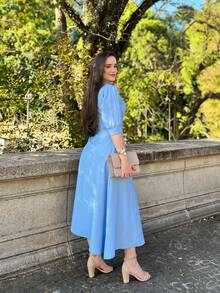 MARRANT PLAIN MIDI DRESS Simple Button Contrasted Waist WOMEN'S SUMMER FASHION - Baby Blue - View 3