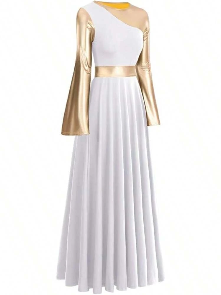 IBAKOM Liturgical Praise Dance Worship Long Dress For Women Metallic Gold  Color Block Loose Fit Full Length Church Dancewear | SHEIN USA