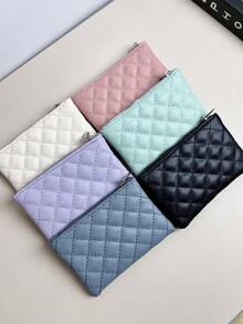 Rhombus Pattern Girl's Coin Purse, PU Leather Short Wallet Large Capacity Card Holder, Cute Fresh Coin Pouch, Leather Zipper Wallet - Multicolor - View 2