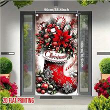 Bandera plana de puerta 2D, 1 pieza, decoración navideña, bandera de puerta con calcetín de caramelo, tela de poliéster duradera, con diseños de copos de nieve, bastones de caramelo y acebo, adecuada para la puerta principal, el porche, decoraciones navideñas interiores y exteriores, adecuada para Navidad, Año Nuevo, decoraciones de puerta de fiesta, colgantes de puerta, cortinas de puerta