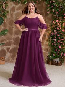 大码女式蕾丝拼布露肩正式长裙，适合婚礼宾客、伴娘、伴娘 - 中紫紅色 - 查看 5