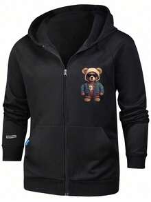 1pc Tween Boys Loose Casual Sports Versatile Bear Print Hoodie Sweatshirt Jacket, Autumn/Winter - Black - View 2