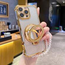 四合一防震闪亮手机壳，配有珍珠挂绳、化妆镜和磁吸支架，兼容 16、 16 Pro、 16 Pro Max、Galaxy S25、S25+、S25 Ultra 等机型。 - 金色 - 查看 5