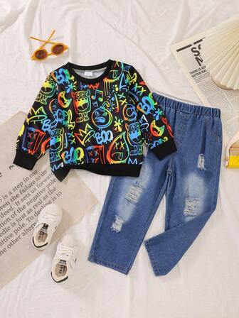 2pcs Kids Spring/Autumn Casual Full Print Long Sleeve Hoodie & Distressed Denim Jeans Set, Boys Minimalist Outfit