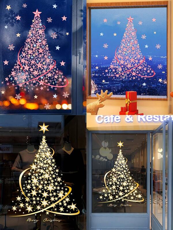 1 set Adhesivo de árbol de Navidad rosa para decoración de ventana, pegatinas de pared navideñas, pegatinas para escaparates navideños, decoración festiva, decoraciones navideñas, pegatinas decorativas, diseño contemporáneo, fácil aplicación, decoración de ventana, decoradores del hogar, decoraciones navideñas para manualidades, decoración de habitación, decoración de pared, pegatinas de pared, pegatinas de pared navideñas, decoraciones navideñas para el hogar