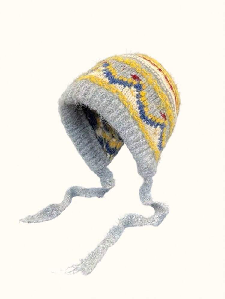 1個 ヴィンテージ ノルディック フローラル柄 イヤーウォーマー ニット帽、かわいいリボンに結べる、優れた保温性と防寒性、レトロフェアアイル編みバラクラバ 女性用、雪の日や屋外活動に適した、秋冬 - マルチカラー - 見る 9