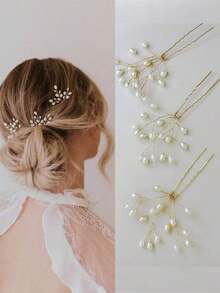 1pc Bridal Hair Accessory Handmade Faux Pearl Hair Fork, Elegant French Vintage Hair Clip, Metal Hair Pin, Beautiful Headpiece Perfect For Wedding And Party Tiaras - 金子 - 查看 12