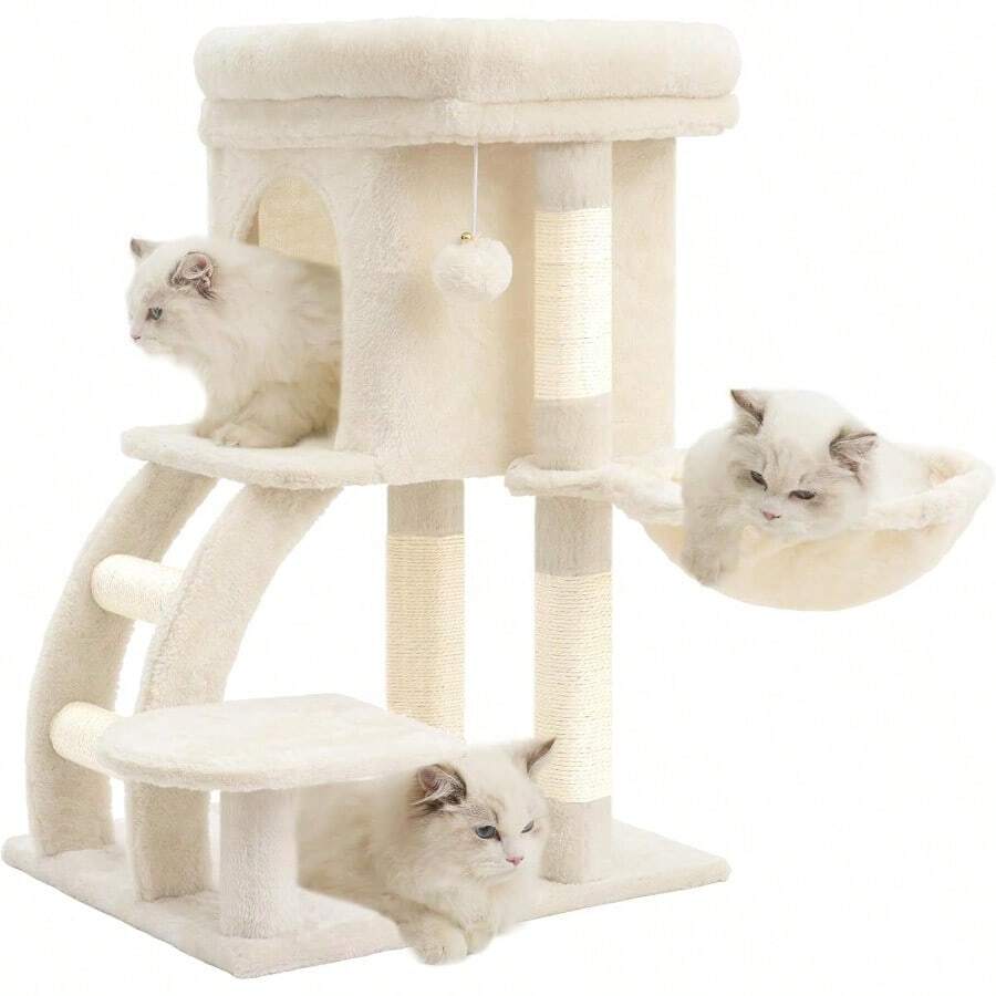2025by Heybly Cat Tree Tower, Cat Condo For Indoor Kittens, Cat House With Wide Plush Top Perch, Ladder, Basket, Sisal-Covered Scratching Posts, Cozy Activity Center For Pet, Light Gray HCT009SW