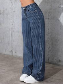 女士可爱藏蓝色和白色条纹长款牛仔裤，带口袋，无弹力，休闲优雅风格，适合万圣节、圣诞节、新年、感恩节和夏季穿着。 - 藍色 - 查看 4