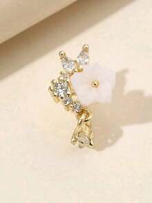 1pc Metal Inlaid Flower Petal, Clip-On Fake Nose Ring, Dangling Fake Nose Hoop Nose Piercing Jewelry, Suitable For Women As Valentine's Day, Mother's Day Gift - Silver White Flowers - View 5