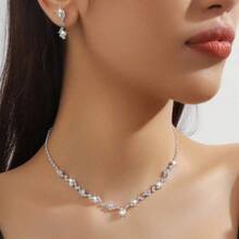 3pcs Simple Waterdrop-Shaped Rhinestone Necklace And Earrings Set Suitable For Women's Wedding, Birthday, Commemoration, Party - 金子 - 查看 4
