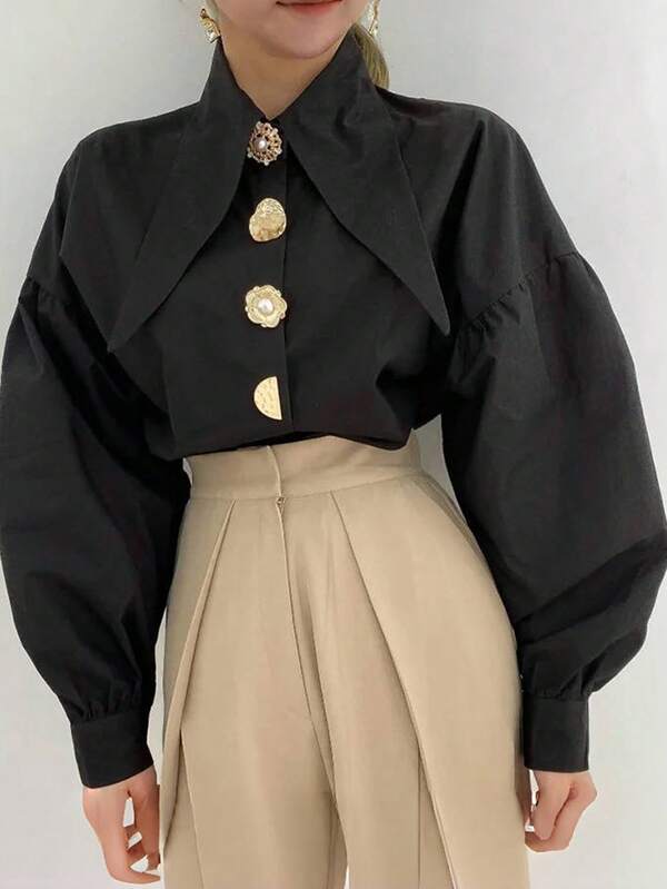 Camisa de mujer de manga larga con cuello puntiagudo, elegante y de moda, de tela tejida de unicolor, con botones delanteros, adecuada para la oficina, uso diario, aeropuerto, citas, primavera/otoño