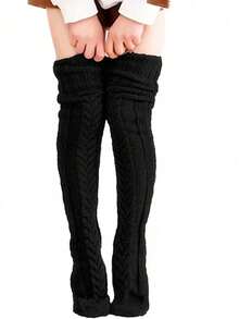 1 Pair Of Women's Over-The-Knee High Socks, Over-The-Knee Knitted Boots And Socks, Warm And Fashionable Warm Leg Covers For Winter, Solid Color Over-The-Knee Knitted Striped And Twisted Pattern Socks, Christmas Clothing, Warm Accessories, Y2k - màu đen - Xem 11