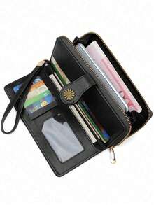 Ví da PU mới dành cho nữ, Ví dài thường ngày có sức chứa lớn, Ví đựng tiền xu, Ngăn đựng thẻ, Dây đeo cổ tay, Túi cầm tay, Thích hợp sử dụng hàng ngày, Quà tặng sinh nhật, Quà tặng trở lại trường, Quà tặng cho nữ - màu đen - Xem 2