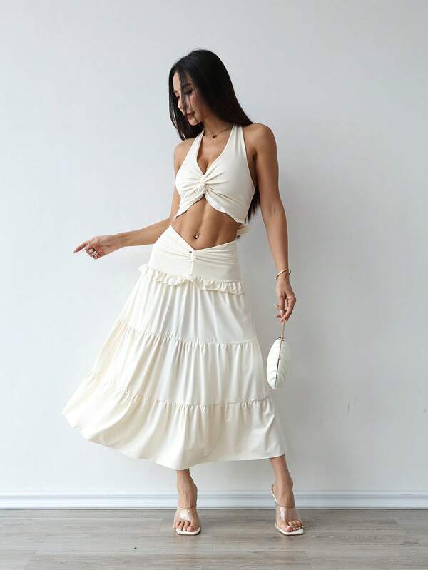 1 Set Solid Color Casual Knotted Ruffle Hem/Ruffle Backless Multi-Layered High Waist Cutout V-Neck Dress Suit, Engagement Bridesmaid Dress, Vacation Beach Evening Party Formal Gown, Spring/Summer/Autumn