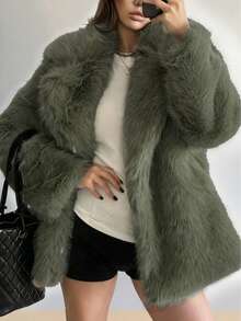 Long Sleeve Furry Green Faux Fur Coat For Women,Open Front Lapel Solid Color Fluffy Jacket,Loose Cropped Casual Fur Top,Elegant Chic Outwear,Fall Winter Clothes For Women Halloween Christmas For Going Out Outfits - Mint Green - View 2