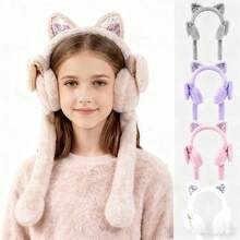 1pc Cute Plush Rabbit Ear Muffs With Shimmery Movable Ears, Warm Ear Covers Suitable For School, Party Outfit - Solid Color - View 2