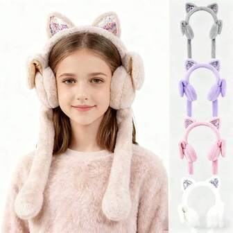 1pc Cute Plush Rabbit Ear Muffs With Shimmery Movable Ears, Warm Ear Covers Suitable For School, Party Outfit