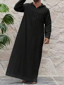 عباءة عربية تقليدية للرجال المسلمين، بلون أحادي، كاجوال، سحاب نصفي، أكمام طويلة، مزودة بقلنسوة - مشاهدة 2