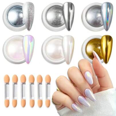 6 Colors Chrome Nail Powder, Glitter Gold & Silver Super Metallic Effect For Nail Decoration. Includes White Pearl Dust Kit, Suitable For Gel Nail Polish. Nail Art Supplies, Essential For Nail Technicians, Includes Nail Powder, Nail Accessories, Nail Glitter, Nail Decorations, Etc.