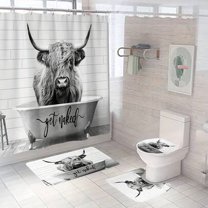 4PCS Grey Cute Highland Cow Shower Curtain Set, Bath Mat, Non-Slip Rugs, Toilet Lid Cover, Funny Western Shower Curtains For Bathroom, Farmhouse Style Cow Waterproof Polyester Fabric Curtain Christmas Decor