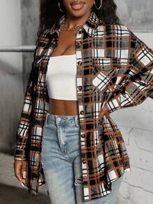 Plus Size Women's Plaid Shirt, Lightweight Jacket Shirt, Y2K Back To School Celebration Casual Commute Plaid Front Button Shirt, Casual Long Sleeve Lapel Versatile Shirt, Suitable For Daily Casual, Outdoor, Vacation Wear, All Season - Black - View 3