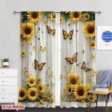 2 Piezas de Juego de Cortinas Semitransparentes de Bolsillo para Varilla de Poliéster con Patrones Florales de Girasoles y Mariposas, Adecuadas para la Decoración del Hogar Moderno en Salas de Estar, Dormitorios, Cocinas, Cortinas Fáciles de Cuidar, Cortinas de Poliéster Lavables a Máquina - Multicolor - Ver 11