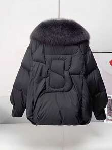 Women's Elegant Down Jacket Coat, Black Woven Fabric, Long Sleeve, Regular Hem, With Faux Fur Waterfall Collar And Pockets, Fur Collar Padded Coat, Winter - Black - View 4