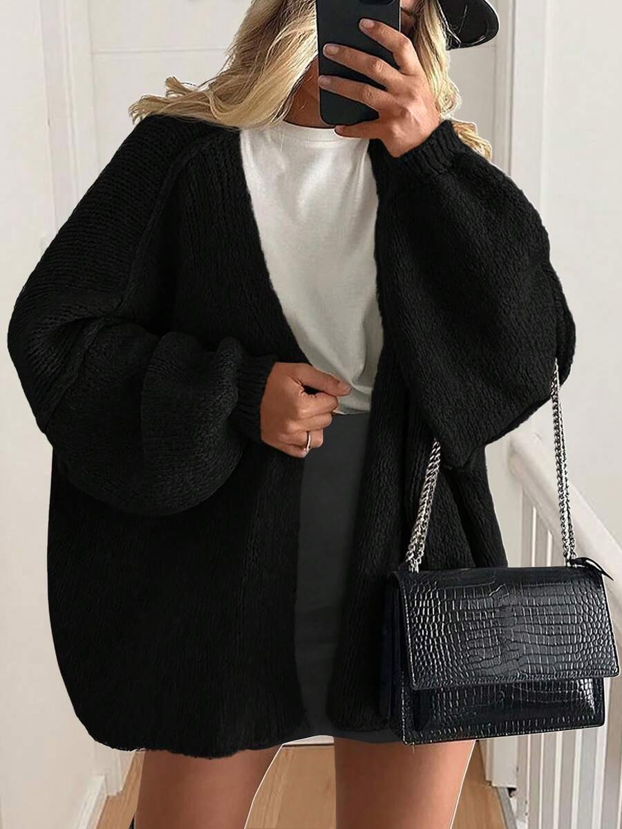 Women's Oversized Cardigan Fall Long Lantern Sleeve Knit Cardigan Lightweight - 黑色 - 查看 1