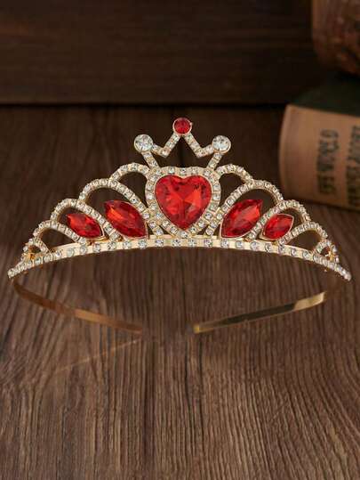1pc Heart Shaped Rhinestone Crown, Luxury Crystal Bridal Crown, Valentine's Day Heart Red Crown, Decor