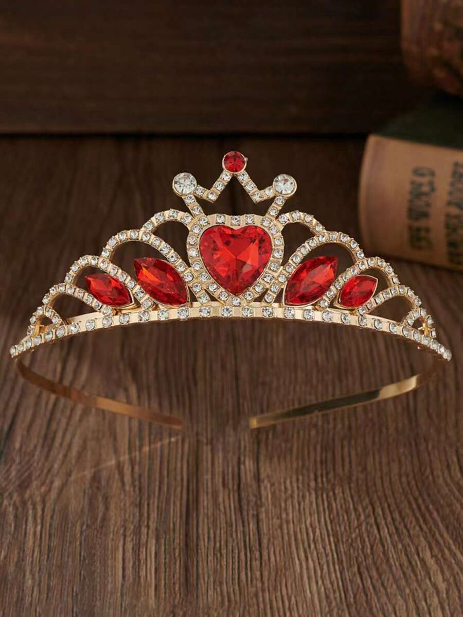 1pc Heart Shaped Rhinestone Crown, Luxury Crystal Bridal Crown, Valentine's Day Heart Red Crown, Decor - Multicolor - View 1