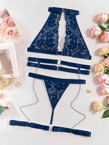 Halter Heart Ring Cutout Chain Floral Lace Sheer Garter Belt Lingerie Set 3 Piece - Navy Blue - View 6