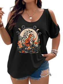 A Fox In A Moonlit Garden With Flowers And Mushrooms Women Cold Shoulder Tops Summer Short Sleeve Shirt Plus Size - màu đen - Xem 1
