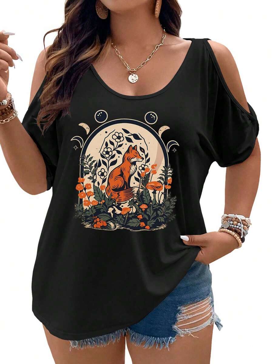 A Fox In A Moonlit Garden With Flowers And Mushrooms Women Cold Shoulder Tops Summer Short Sleeve Shirt Plus Size - màu đen - Xem 1