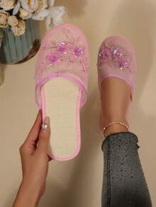 2025秋冬季女士花卉图案透气一脚蹬穆勒鞋/木屐 - 粉色 - 查看 3